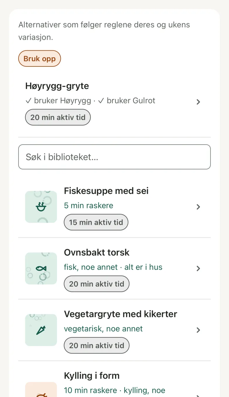 Byttkortet med alternativer som sier hvorfor de passer, og Foreslå flere med prisen.