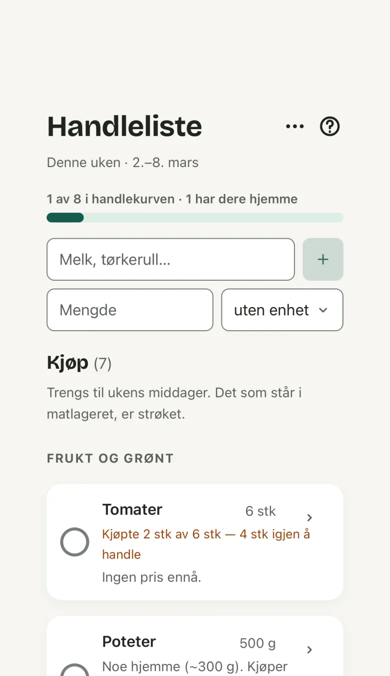 Handlelisten på telefonen, med Å kjøpe i samme rekkefølge som i butikken og hvorfor hver rad står der.