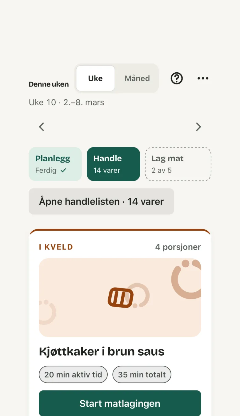 En planlagt uke på telefonen: et kort for hver dag med retten, hvor lang tid den tar og porsjonene.