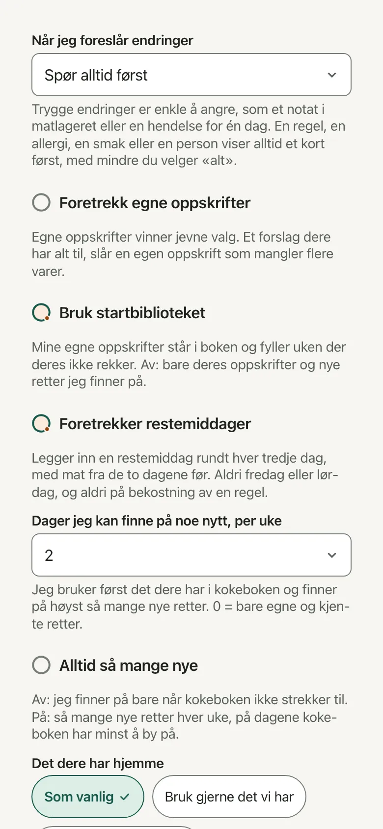 Brytis innstillinger for hvor mye Bryti får gjøre på egen hånd.