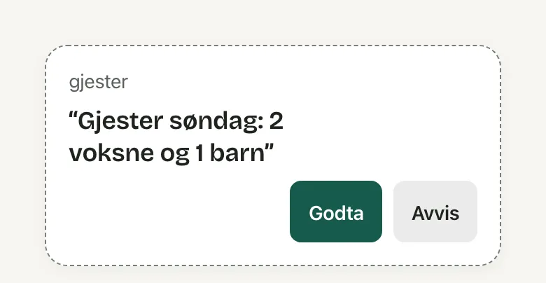 Et forslagskort i chatten: det Bryti vil endre, med Bruk og Avvis.