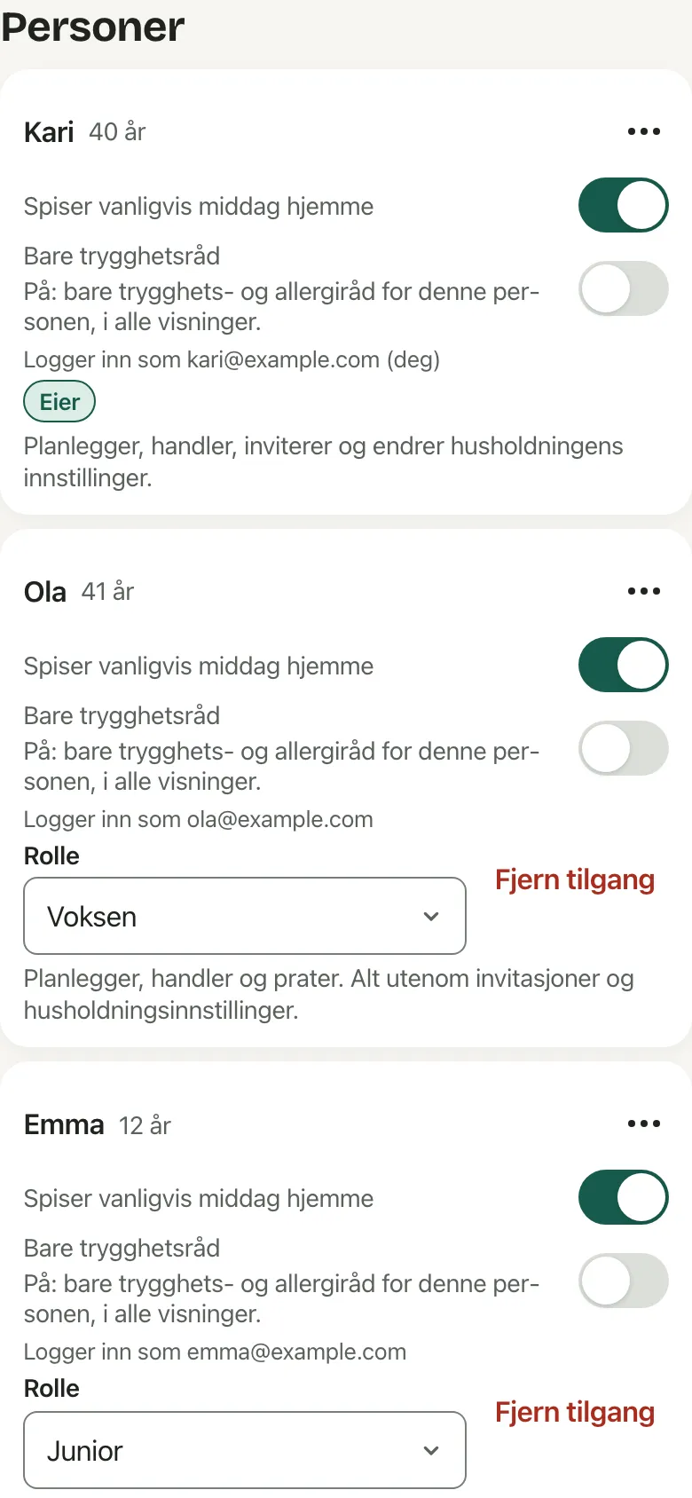 Husholdningssiden: rollen til hver person, eier, voksen eller junior, og hva den lar dem gjøre.