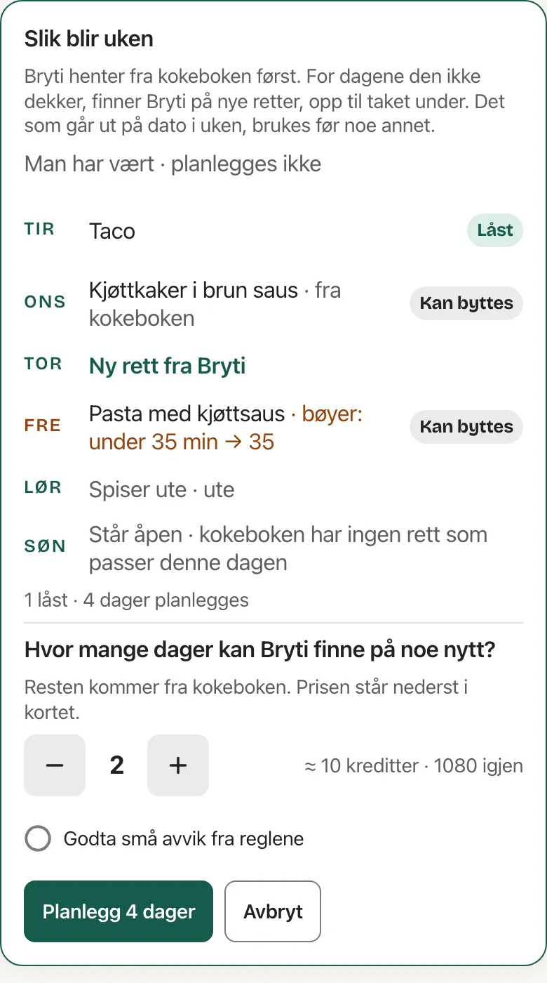 Før planleggingen står det hvilke dager oppskriftene deres dekker, og hva det koster i kreditter.