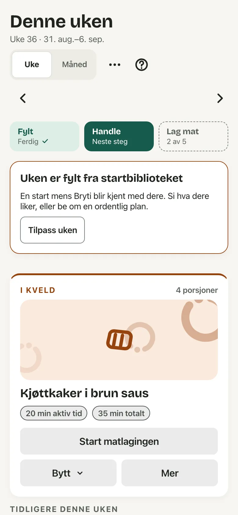 Ukesiden med en startuke og knappen som tilpasser uken til maten deres.