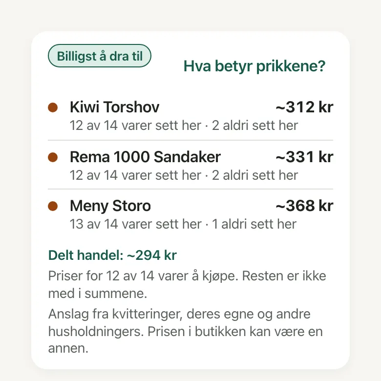 Kurvanslaget, med hva handleturen koster i hver av butikkene deres, og hva dere sparer på én tur.