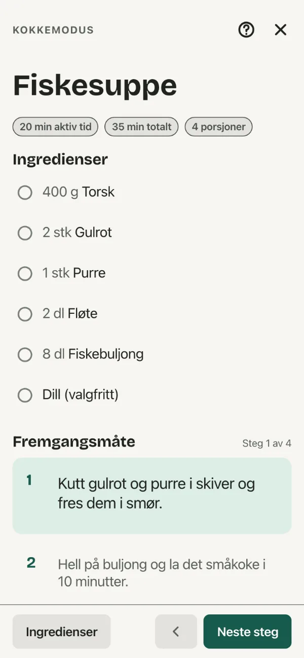 Kokkemodus. Følg oppskriften steg for steg mens dere lager maten.