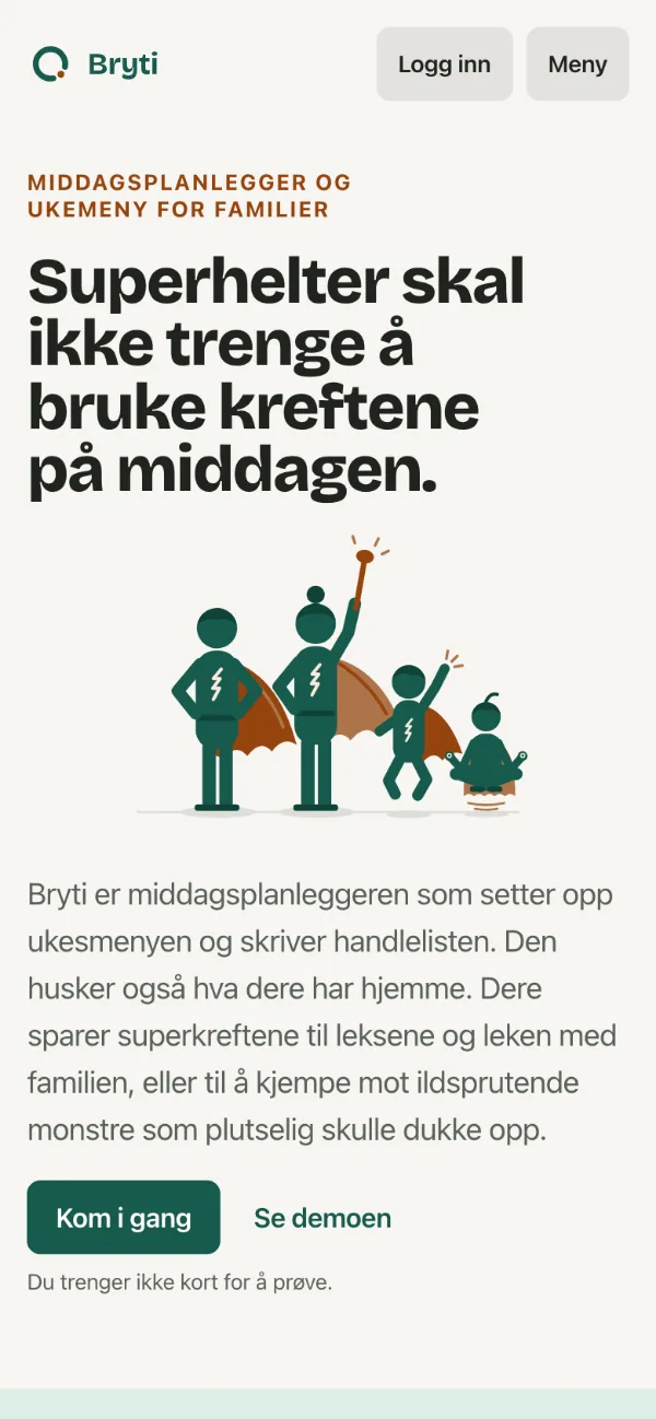 Forsiden. Slik ser bryti.app ut for en ny besøkende.
