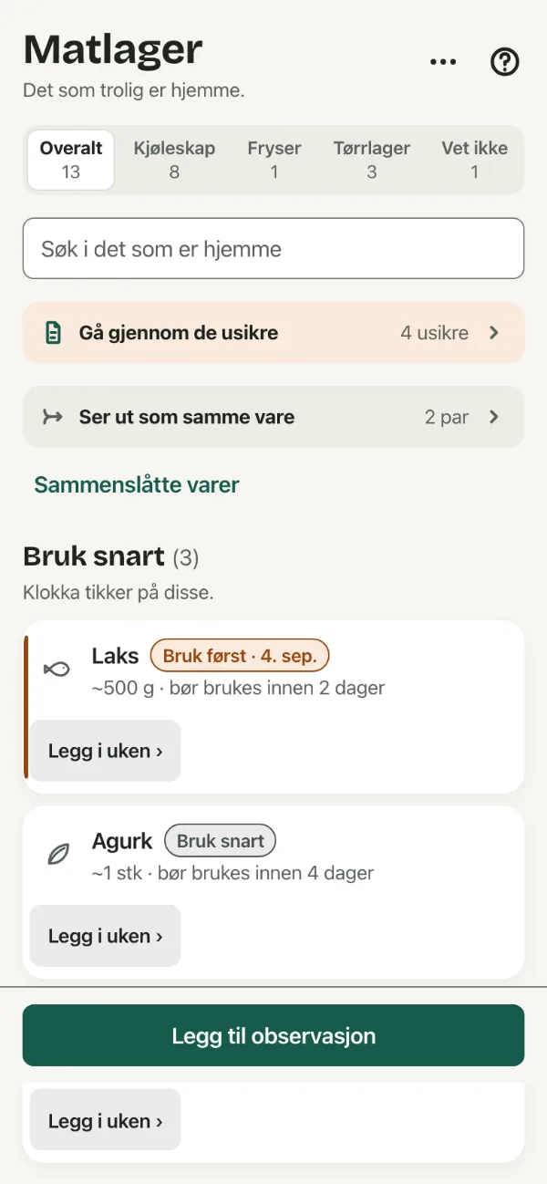 Matlageret. Her vises det kvitteringene har lagt inn.
