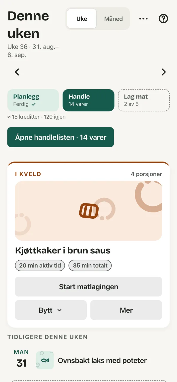 Uken. Ukens middager, dag for dag.
